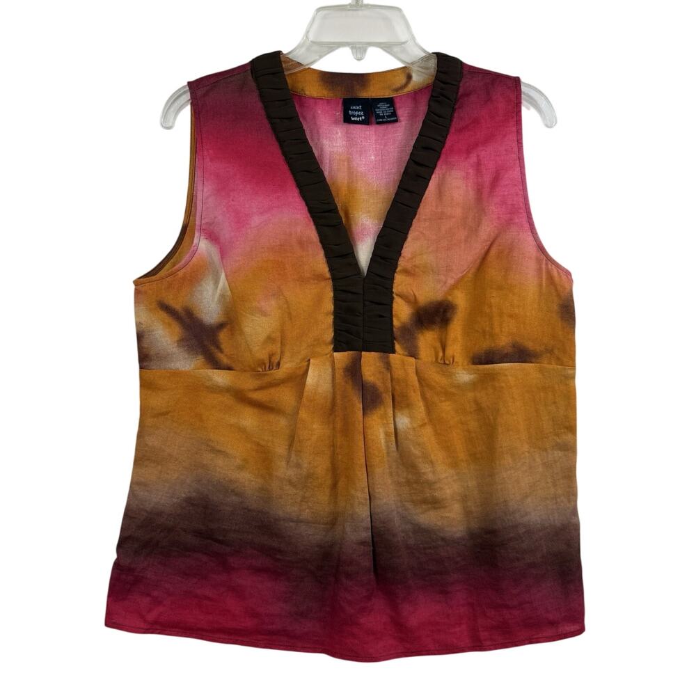 Tie Dyed Ombre 100% Linen Saint Tropez West Top Large Sleeveless V Neck Beachy